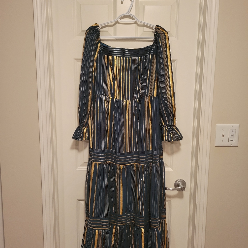 Dark green and gold long sleeve square neck dress